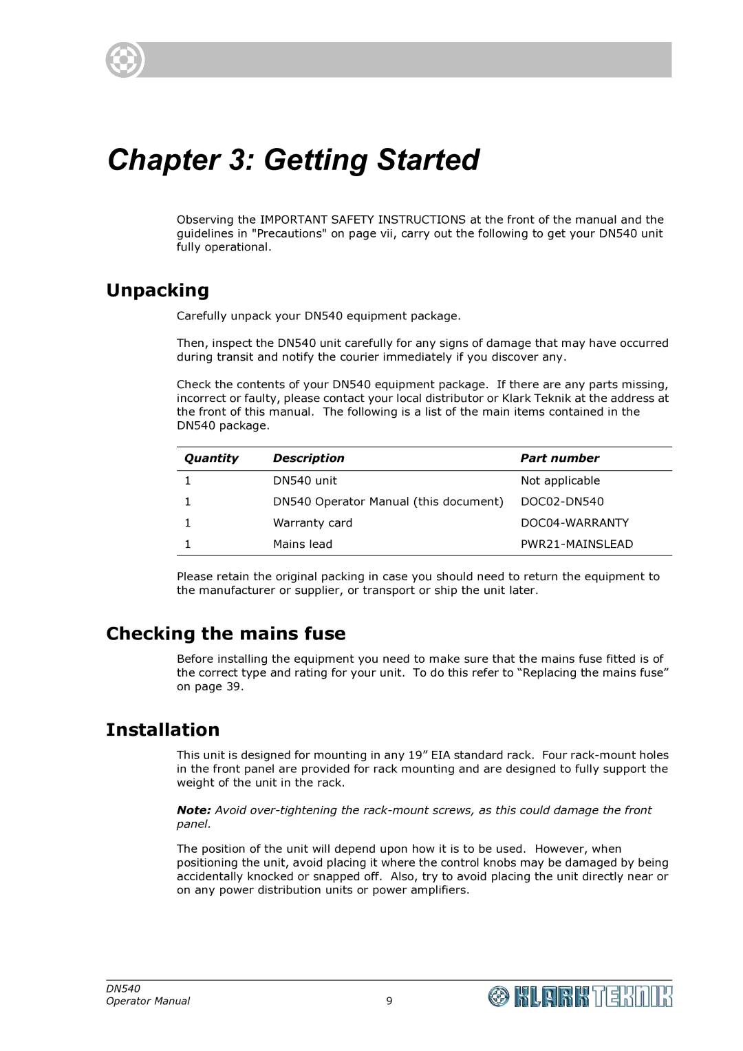 Klark Teknik DN540 specifications Getting Started, Unpacking, Checking the mains fuse 