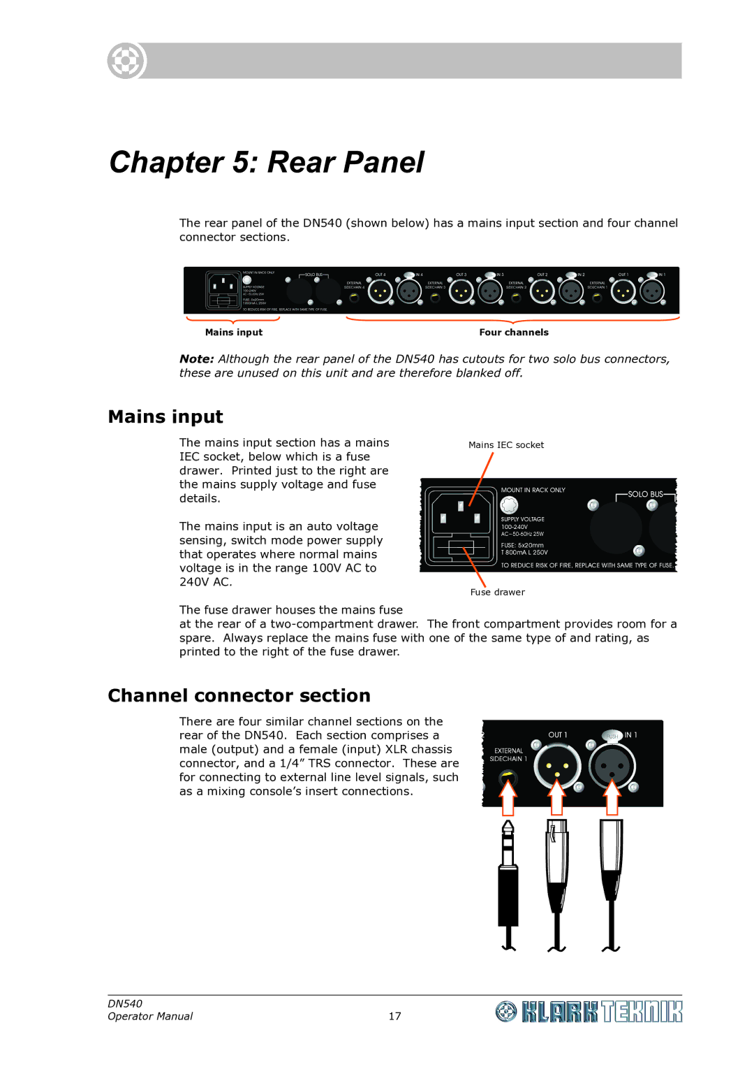 Klark Teknik DN540 specifications Rear Panel, Mains input, Channel connector section 