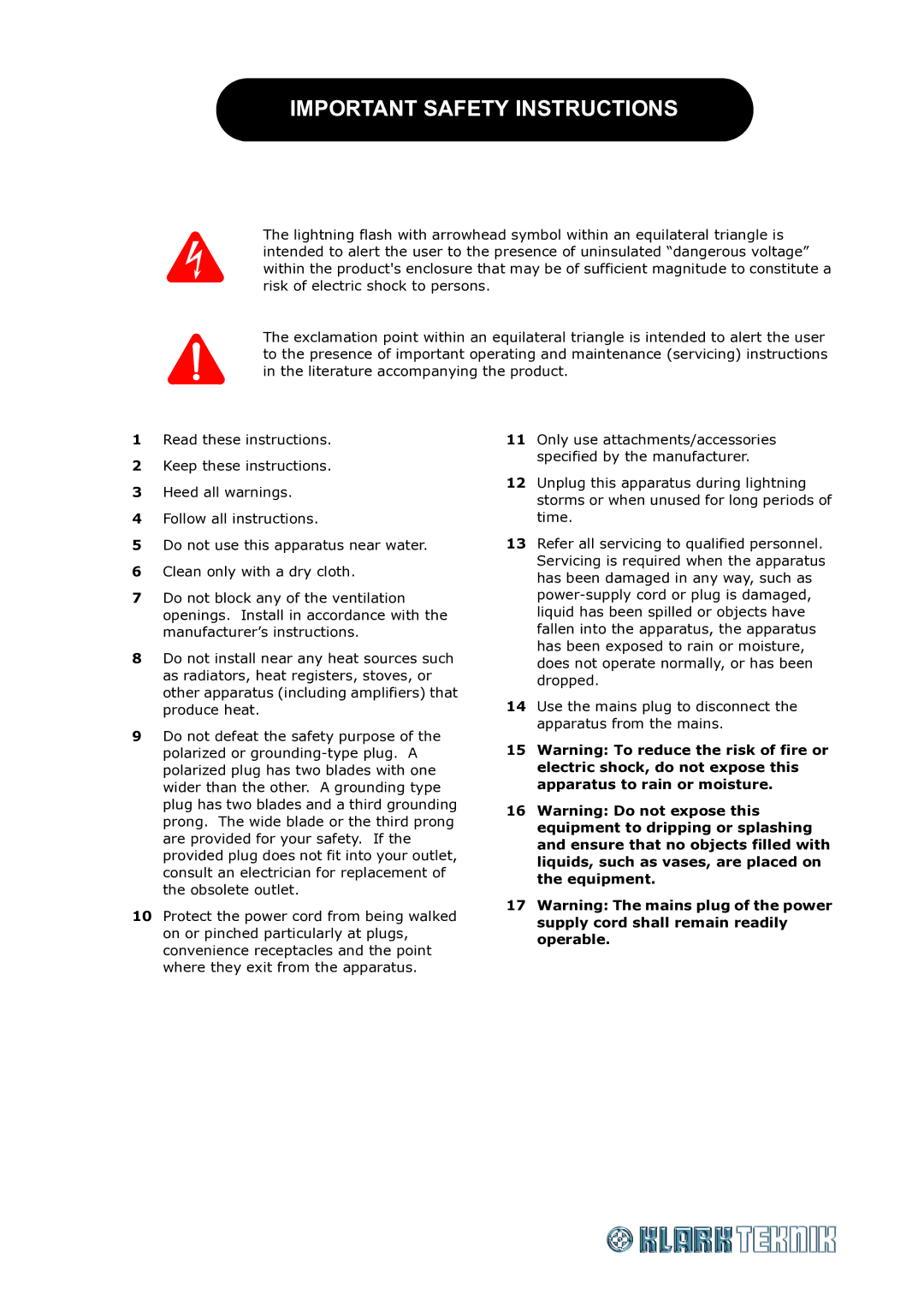 Klark Teknik DN540 specifications Important Safety Instructions 