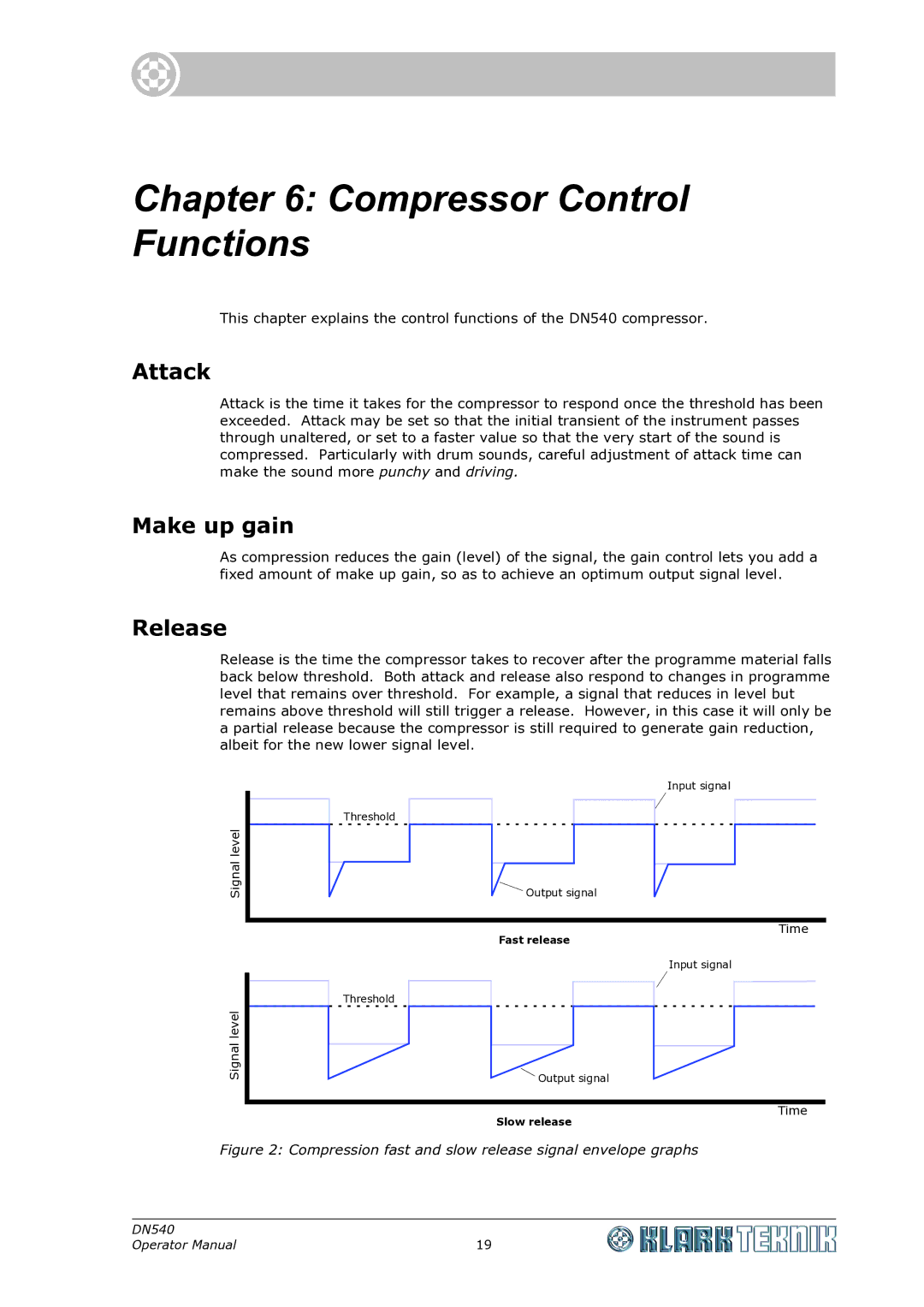 Klark Teknik DN540 specifications Compressor Control Functions, Attack, Make up gain, Release 