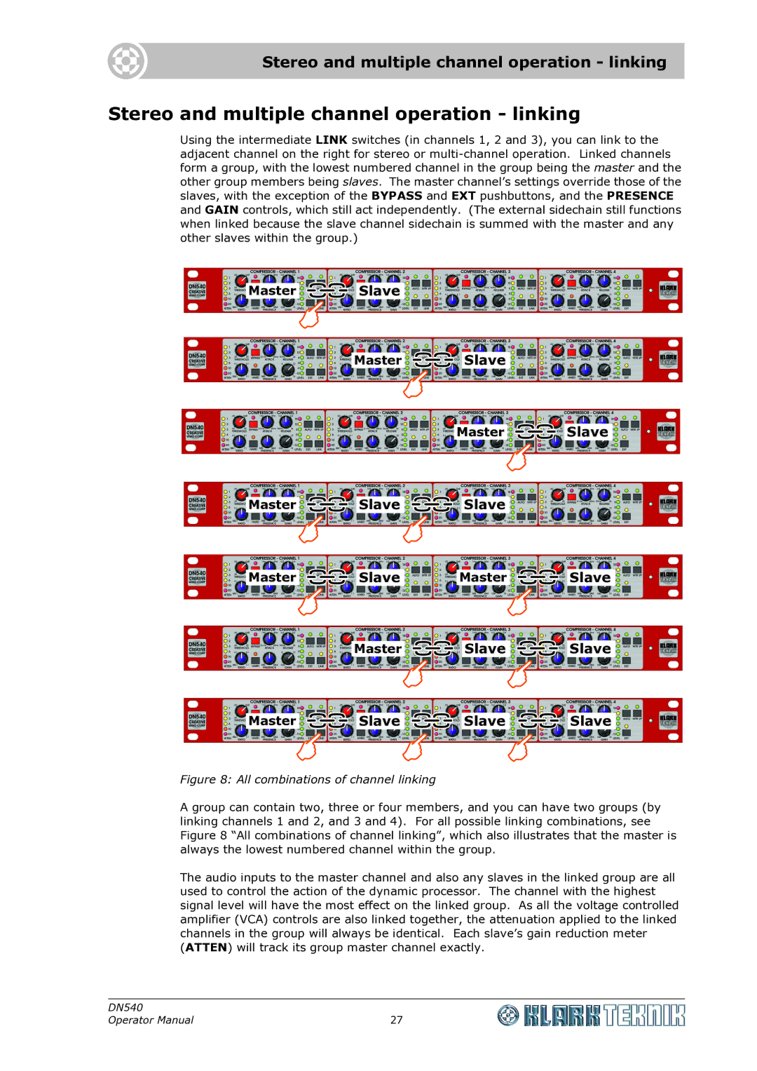 Klark Teknik DN540 specifications Stereo and multiple channel operation linking 