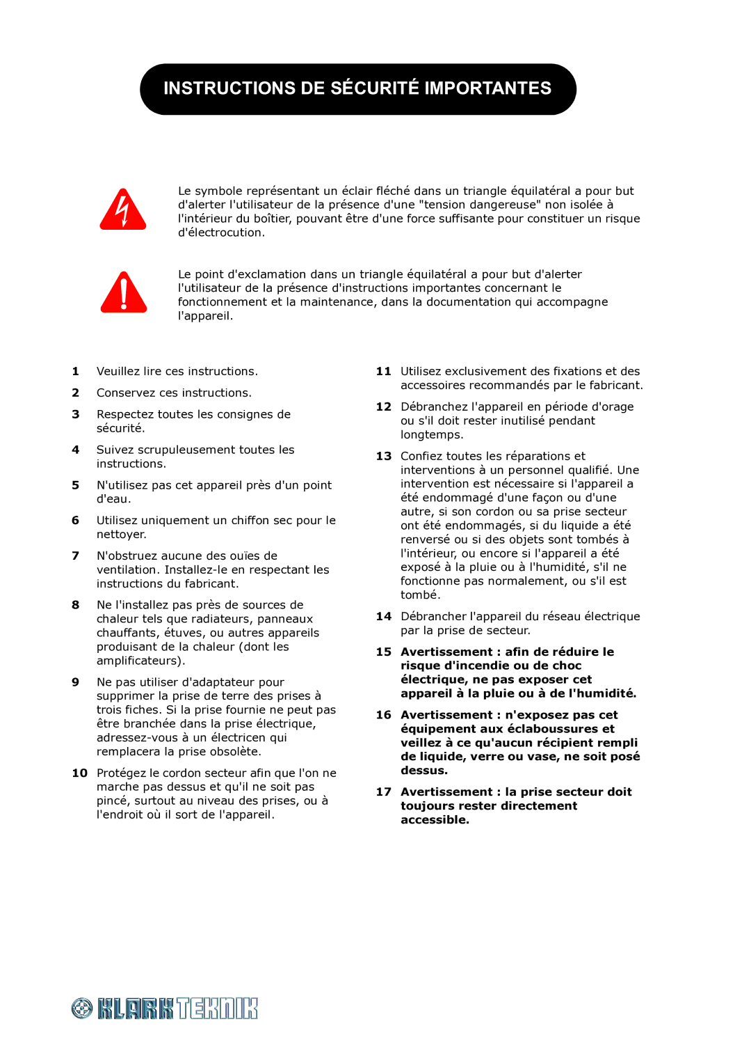 Klark Teknik DN540 specifications Instructions DE Sécurité Importantes 