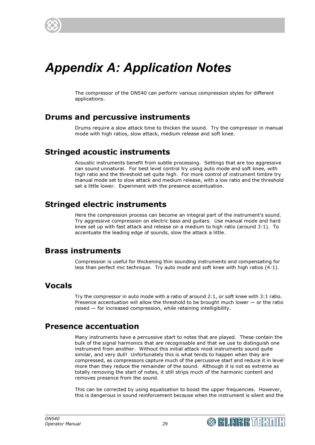 Klark Teknik DN540 specifications Appendix a Application Notes 