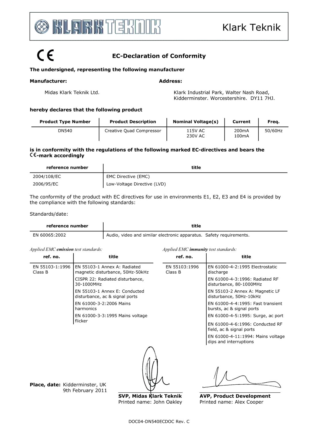 Klark Teknik DN540 specifications Klark Teknik 