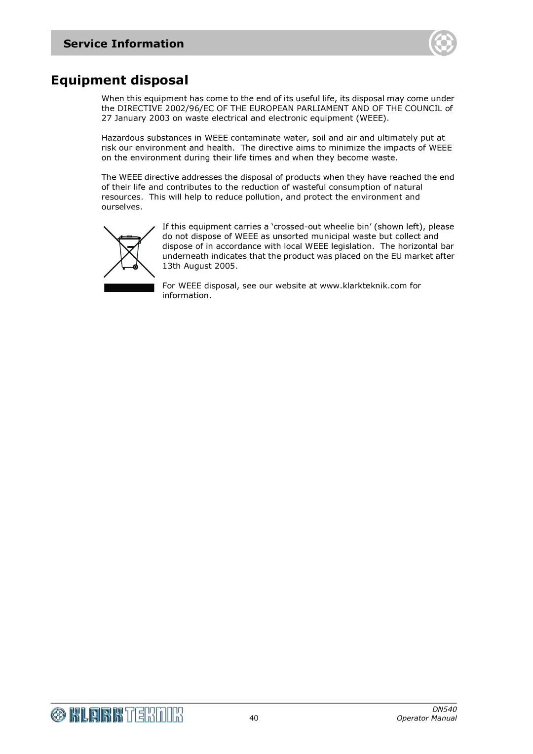 Klark Teknik DN540 specifications Equipment disposal, Service Information 