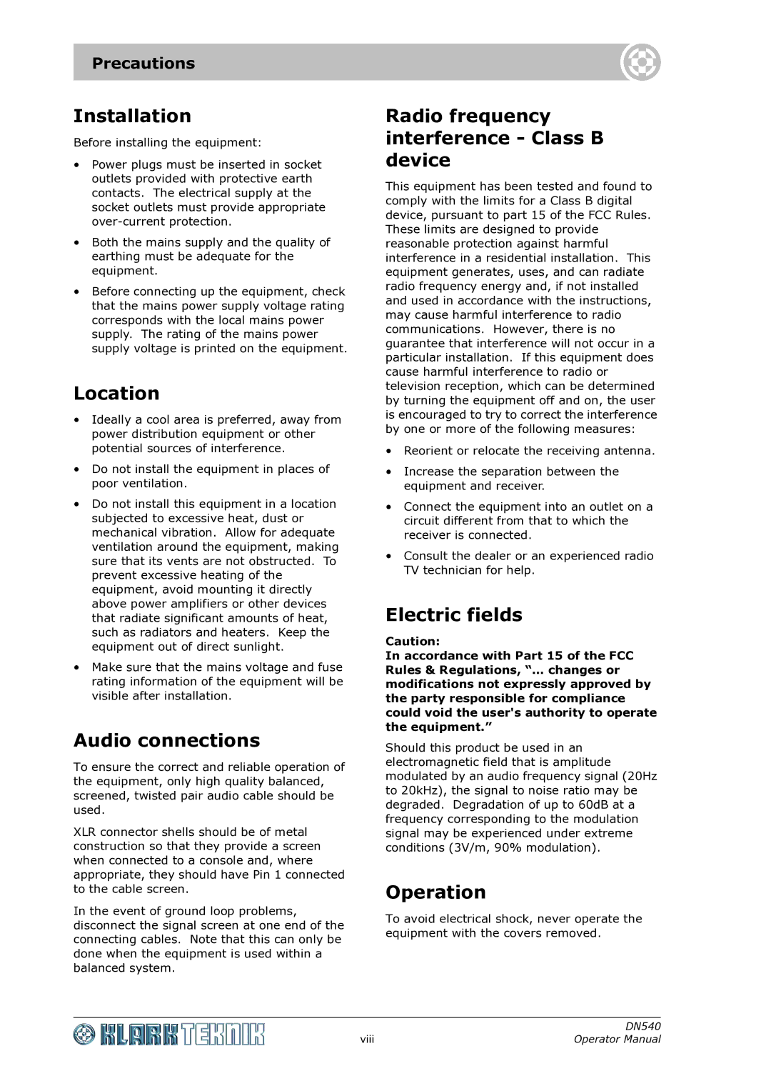 Klark Teknik DN540 Installation, Location, Audio connections, Radio frequency interference Class B device, Electric fields 