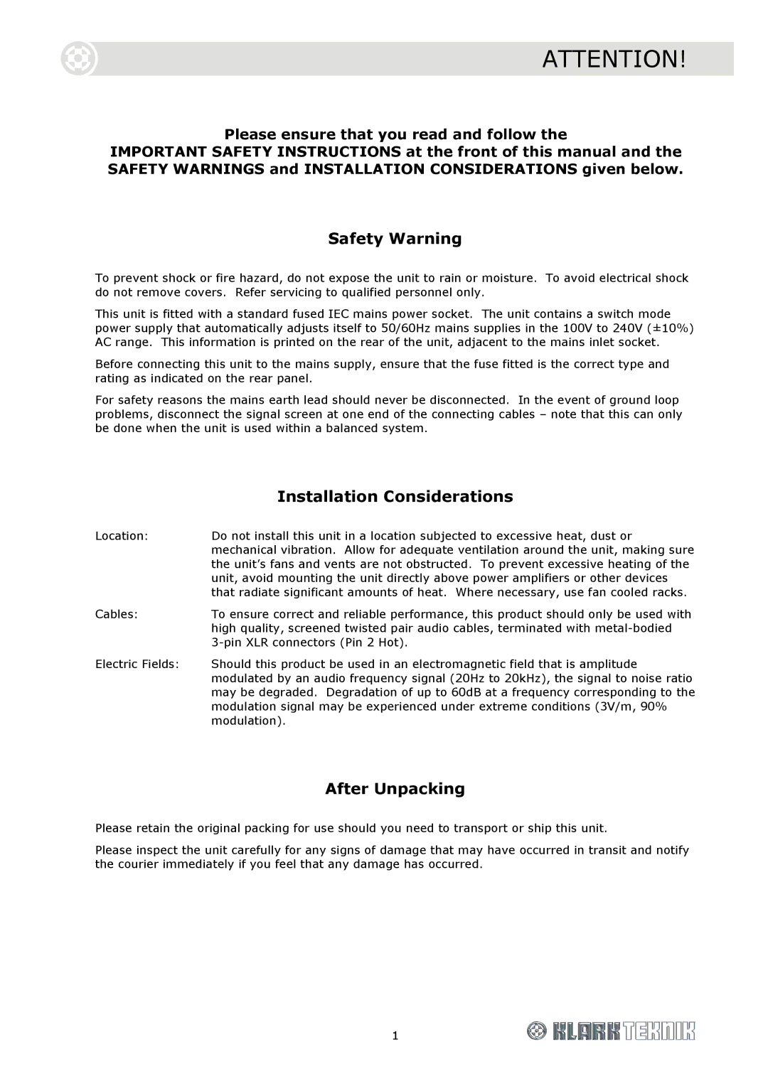 Klark Teknik DN9344E, DN9340E specifications Safety Warning, Installation Considerations, After Unpacking 