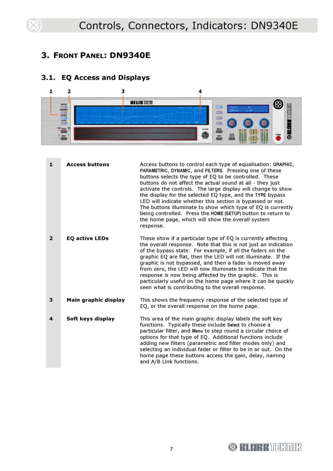 Klark Teknik DN9344E specifications Controls, Connectors, Indicators DN9340E, Front Panel DN9340E, EQ Access and Displays 