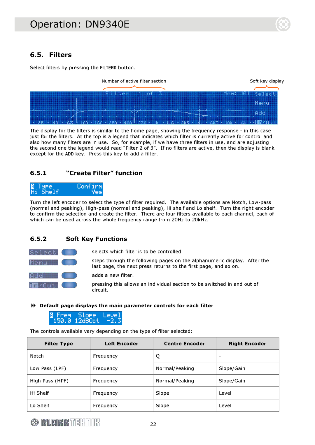 Klark Teknik DN9340E, DN9344E Filters, Create Filter function, Filter Type Left Encoder Centre Encoder Right Encoder 