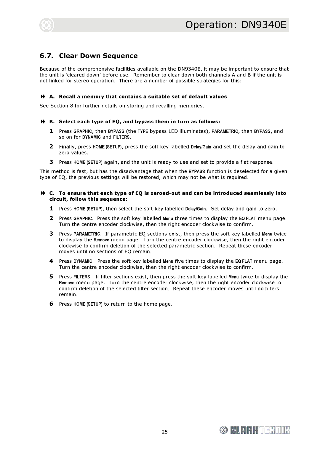Klark Teknik DN9344E, DN9340E specifications Clear Down Sequence 
