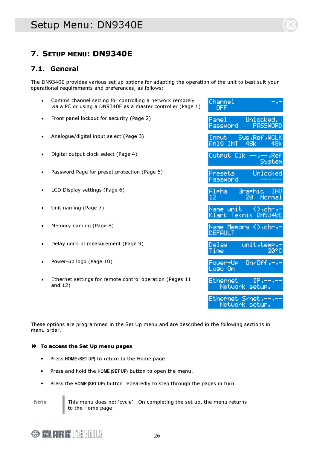 Klark Teknik DN9344E specifications Setup Menu DN9340E, General, To access the Set Up menu pages 