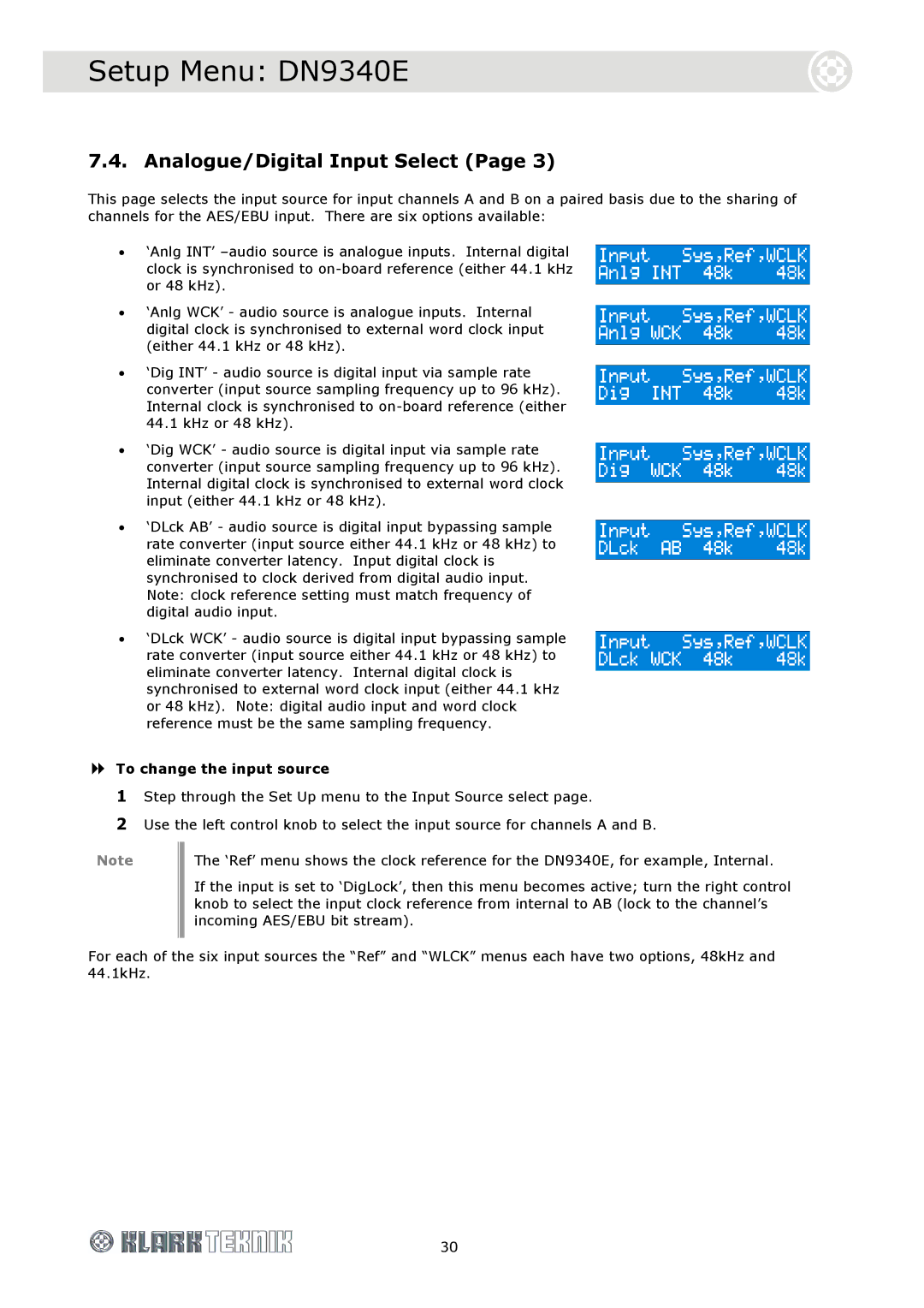 Klark Teknik DN9340E, DN9344E specifications Analogue/Digital Input Select, To change the input source 