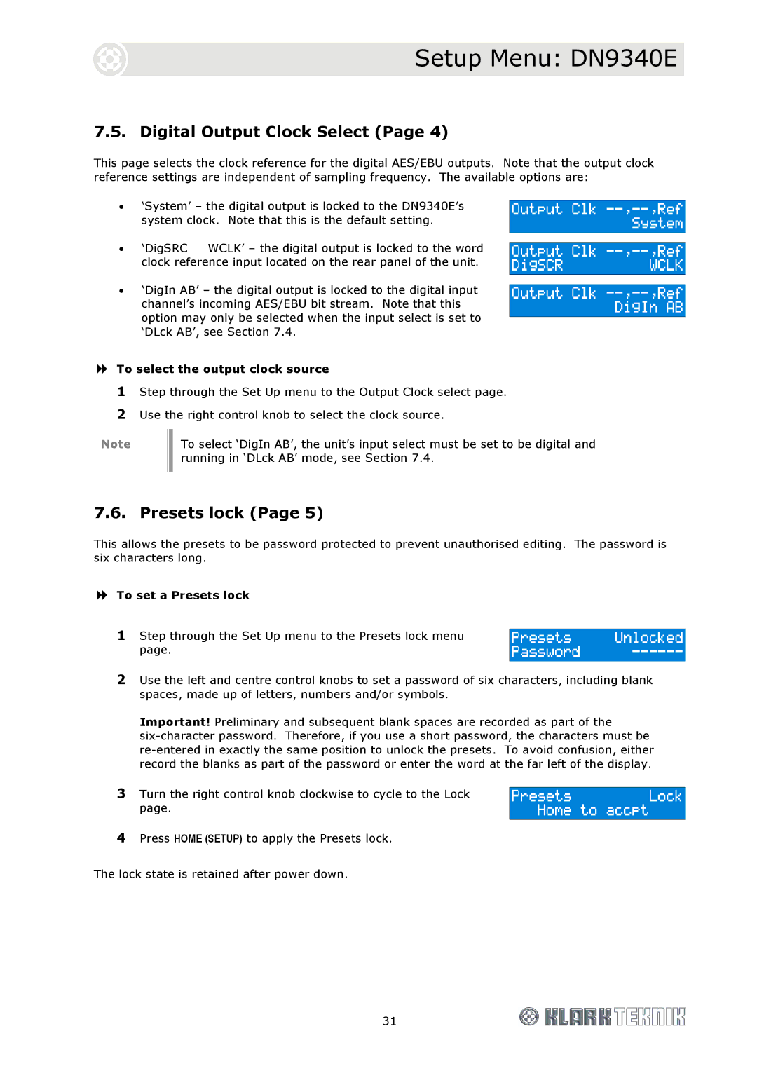 Klark Teknik DN9344E, DN9340E Digital Output Clock Select, To select the output clock source, To set a Presets lock 