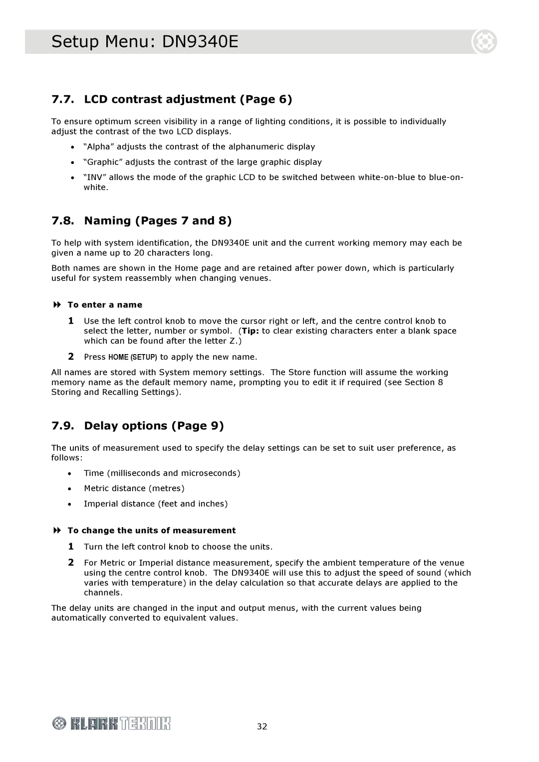 Klark Teknik DN9340E, DN9344E specifications LCD contrast adjustment, Naming Pages 7, Delay options, To enter a name 