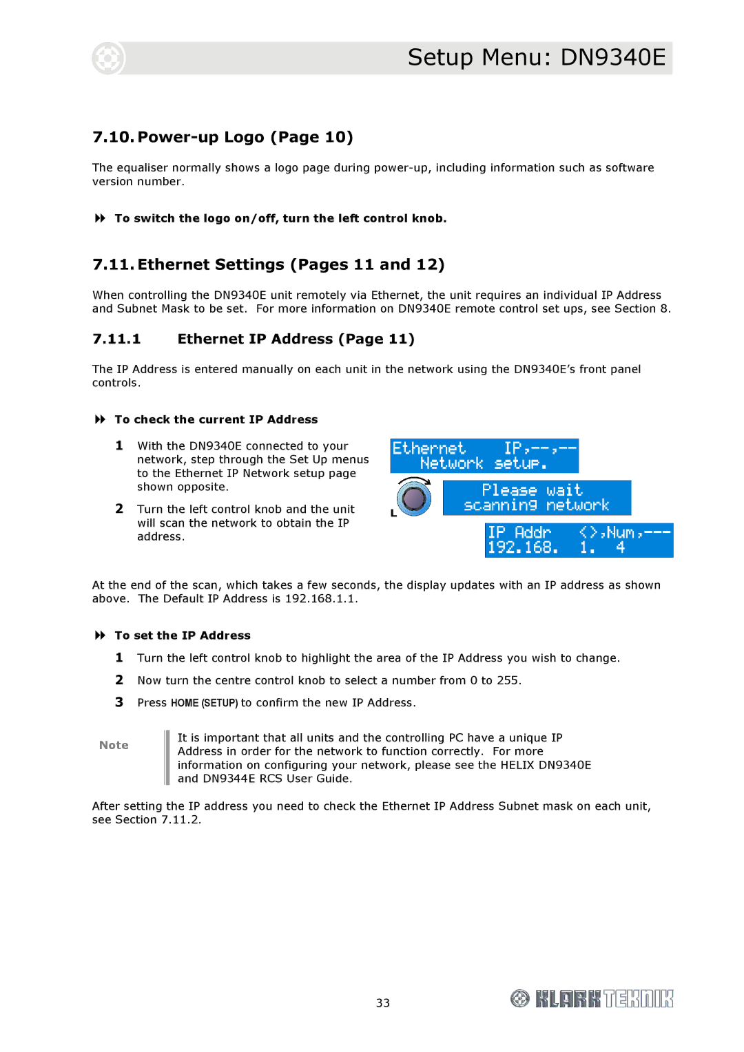 Klark Teknik DN9344E, DN9340E specifications Power-up Logo, Ethernet Settings Pages 11, Ethernet IP Address 