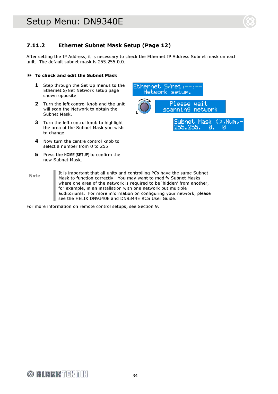 Klark Teknik DN9340E, DN9344E specifications Ethernet Subnet Mask Setup, To check and edit the Subnet Mask 