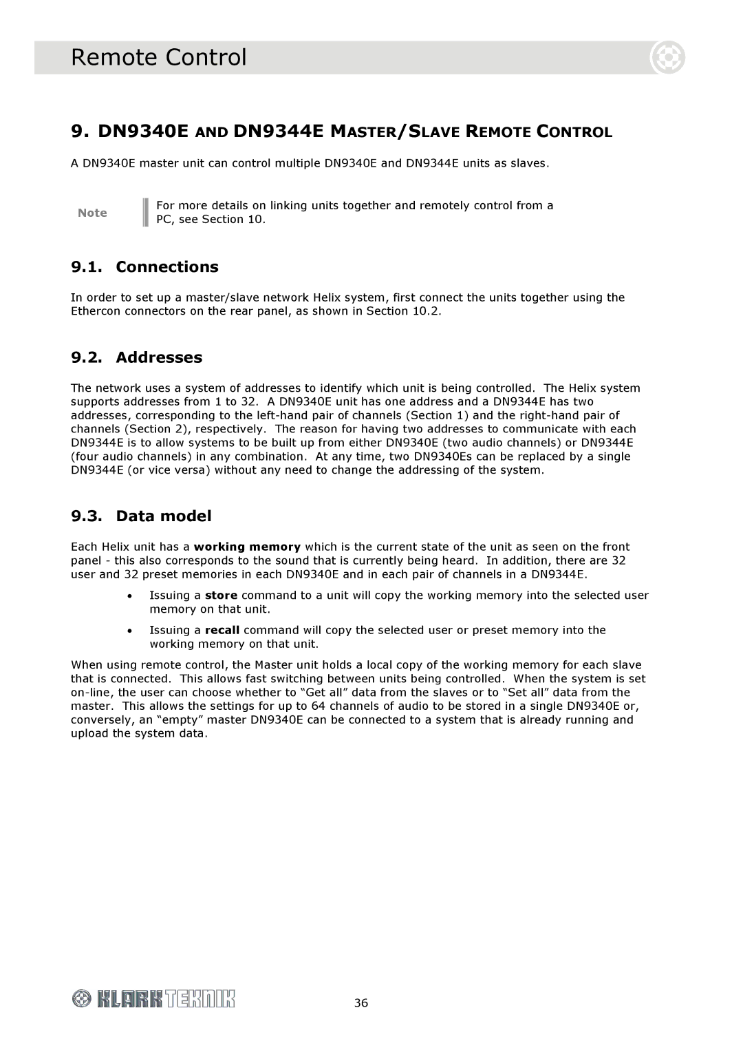 Klark Teknik DN9340E, DN9344E specifications Remote Control, Connections, Addresses, Data model 