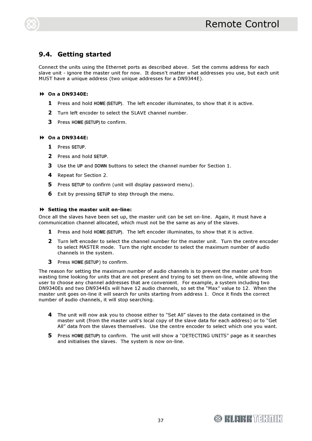 Klark Teknik specifications Getting started, On a DN9340E, On a DN9344E, Setting the master unit on-line 