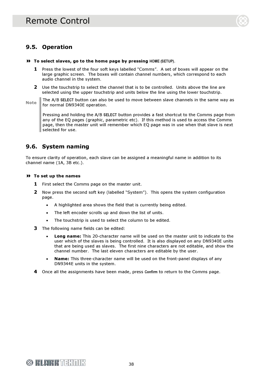 Klark Teknik DN9340E, DN9344E specifications Operation, System naming, To set up the names 