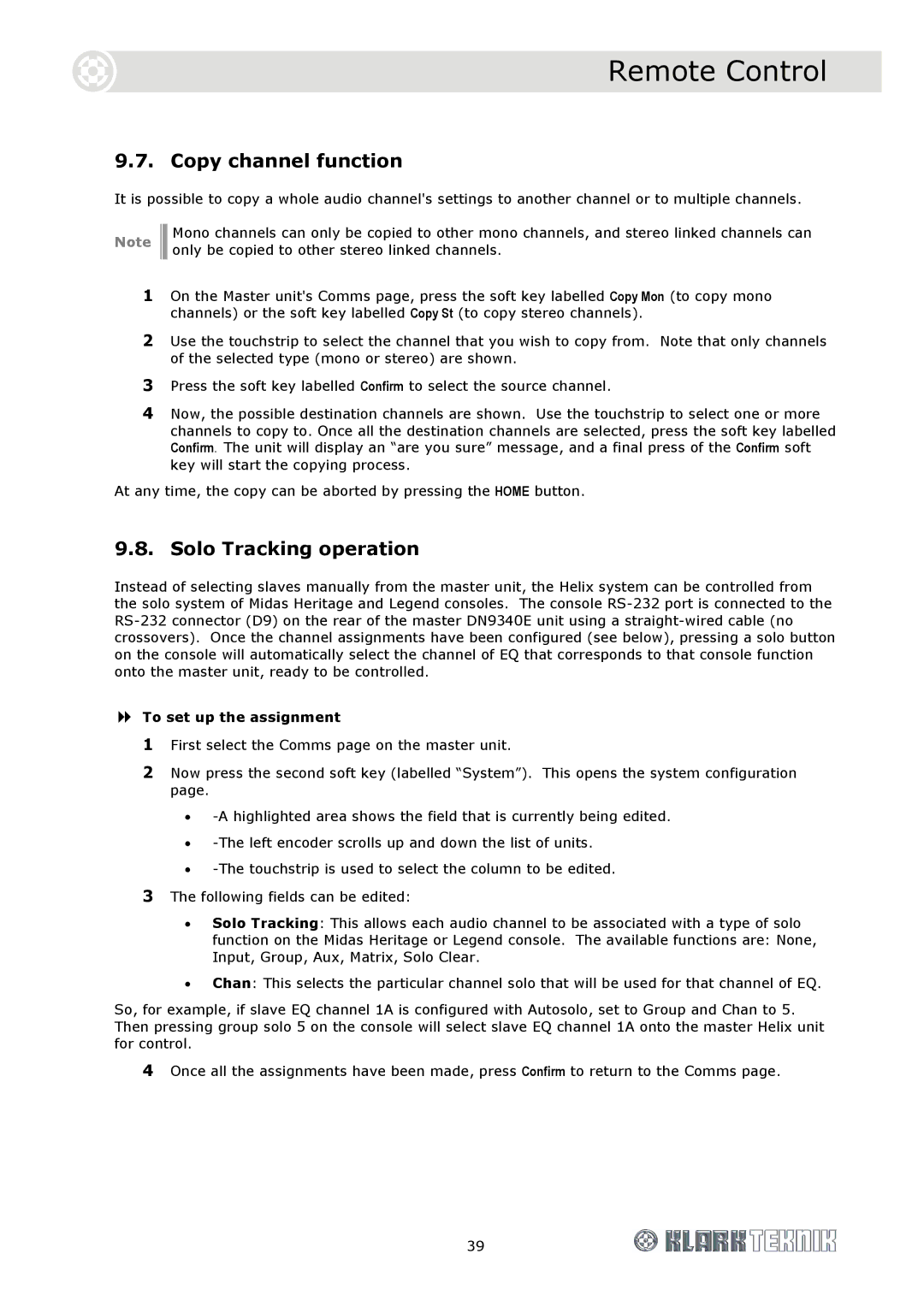 Klark Teknik DN9344E, DN9340E specifications Copy channel function, Solo Tracking operation, To set up the assignment 