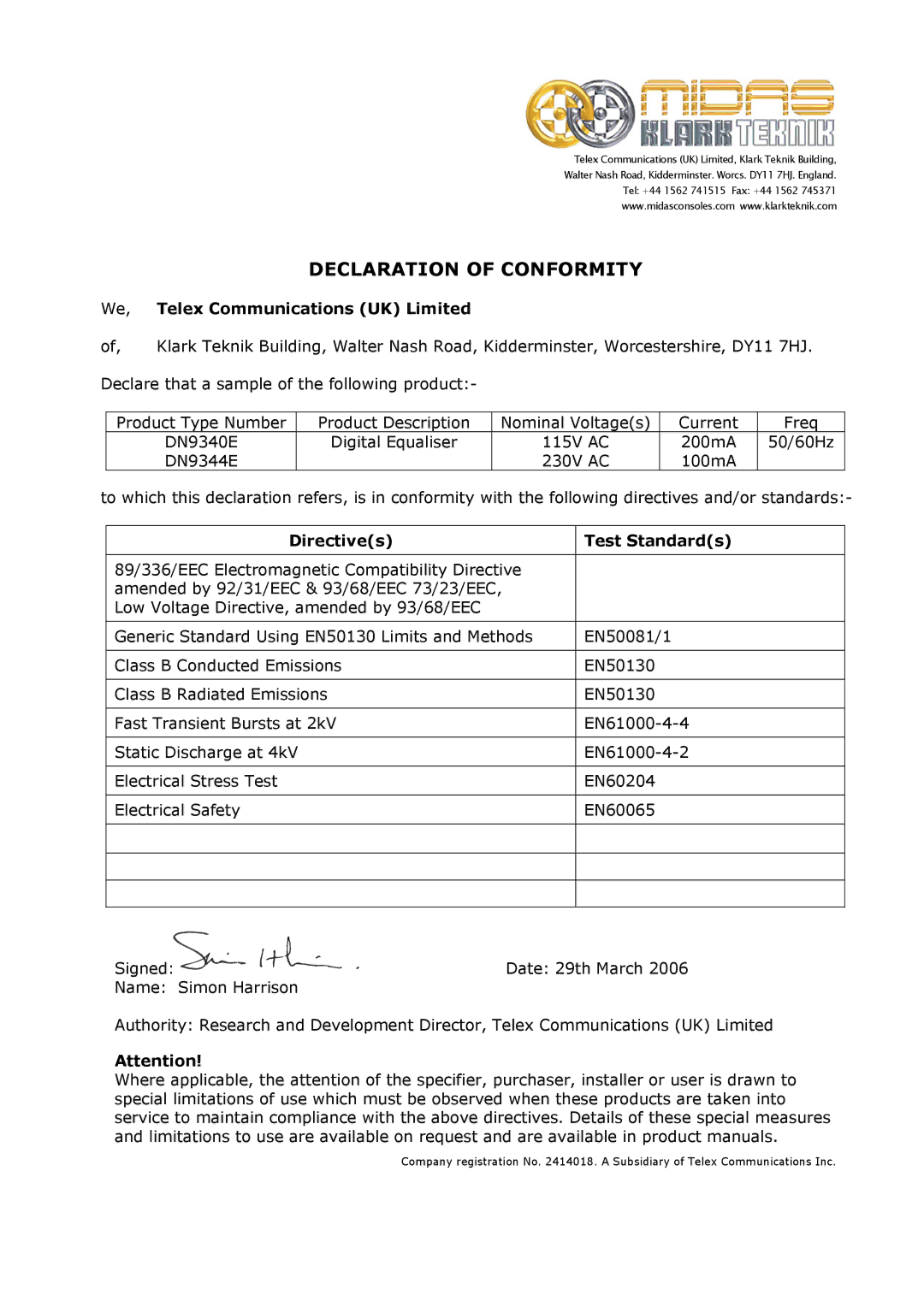 Klark Teknik DN9344E, DN9340E specifications Declaration of Conformity 