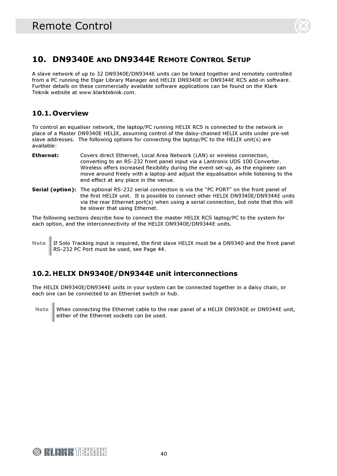 Klark Teknik specifications Overview, Helix DN9340E/DN9344E unit interconnections 