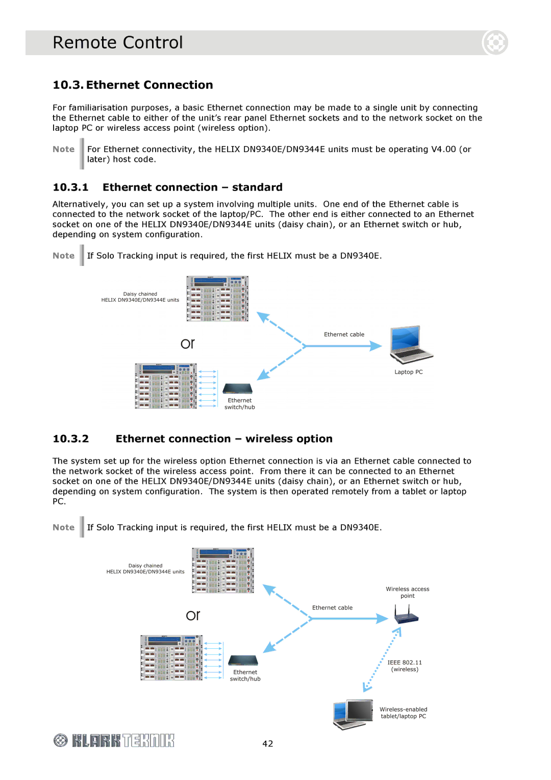 Klark Teknik DN9340E, DN9344E Ethernet Connection, Ethernet connection standard, Ethernet connection wireless option 