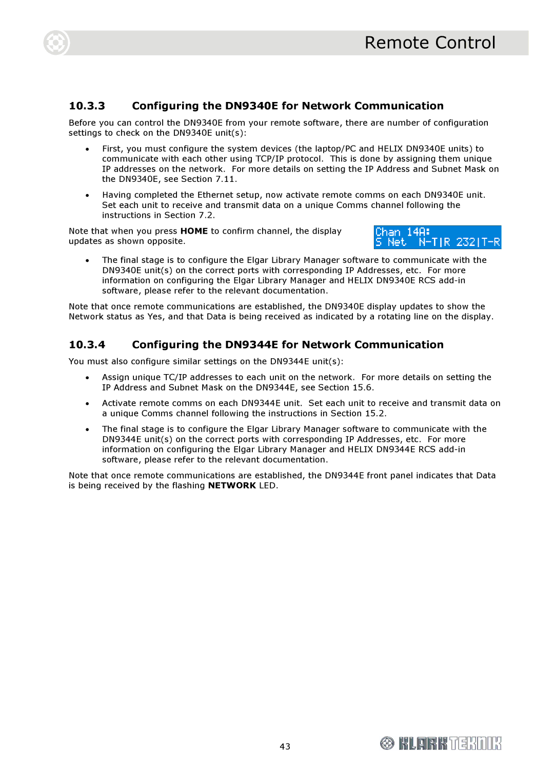 Klark Teknik Configuring the DN9340E for Network Communication, Configuring the DN9344E for Network Communication 