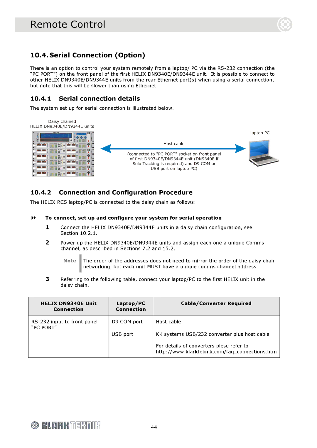 Klark Teknik DN9340E, DN9344E Serial Connection Option, Serial connection details, Connection and Configuration Procedure 