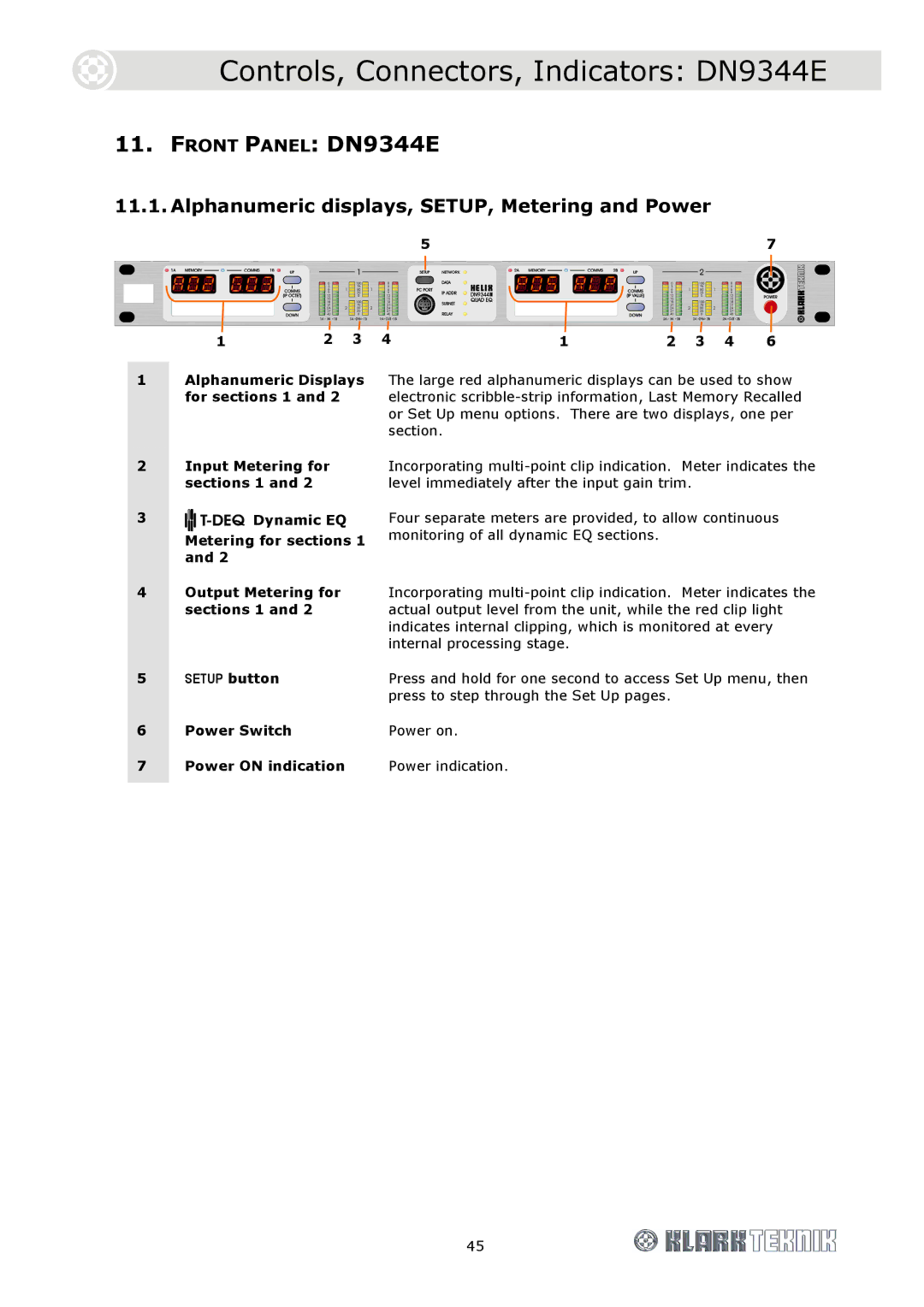 Klark Teknik Controls, Connectors, Indicators DN9344E, Front Panel DN9344E, Press to step through the Set Up pages 