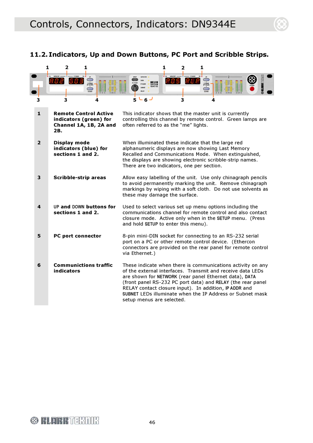 Klark Teknik DN9340E, DN9344E specifications Indicators, Up and Down Buttons, PC Port and Scribble Strips 