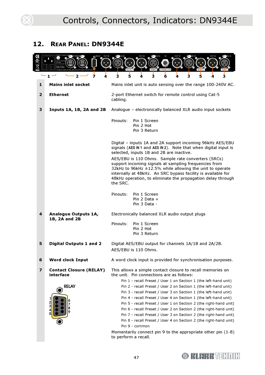 Klark Teknik DN9340E specifications Rear Panel DN9344E, Mains inlet socket, 1B, 2A and 2B, Interface 