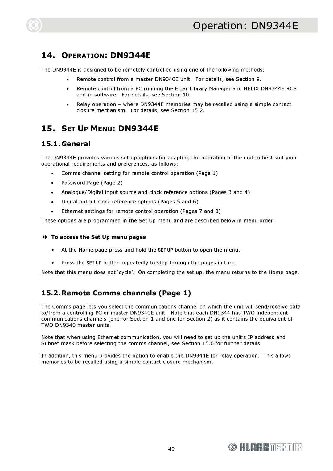 Klark Teknik DN9340E specifications Operation DN9344E, Remote Comms channels 
