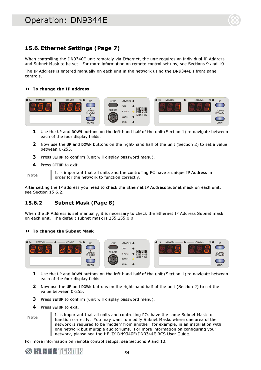 Klark Teknik DN9340E, DN9344E specifications Ethernet Settings, To change the IP address, To change the Subnet Mask 