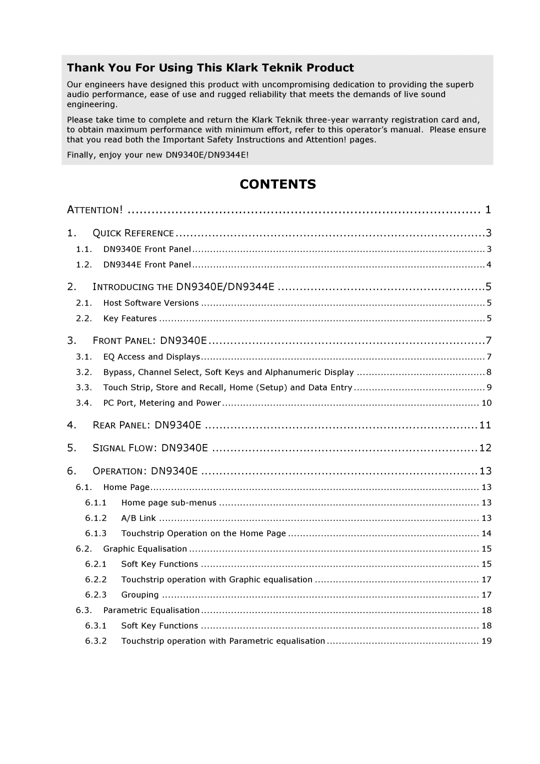 Klark Teknik DN9344E, DN9340E specifications Contents 