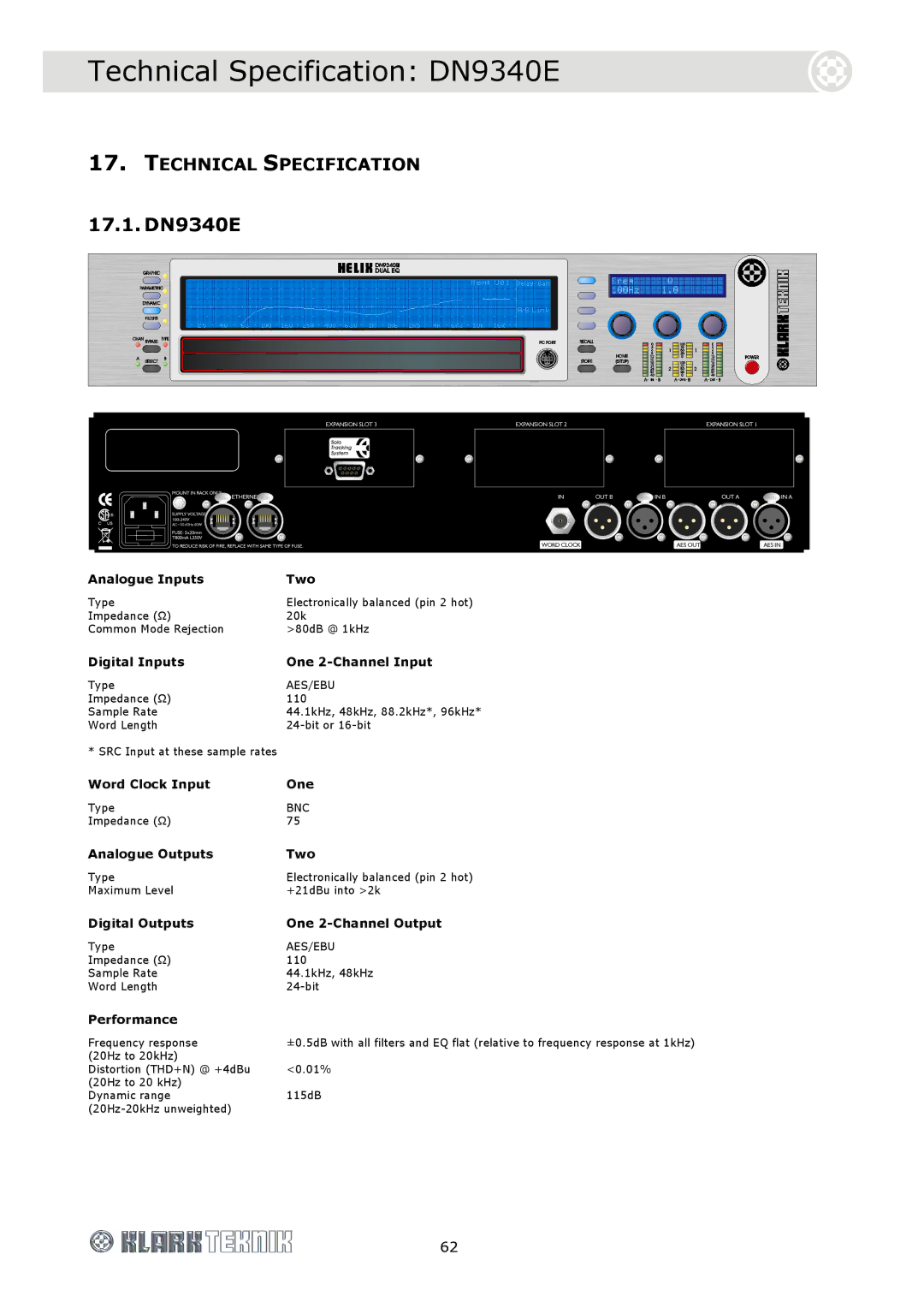 Klark Teknik DN9344E specifications Technical Specification DN9340E, 17.1. DN9340E 