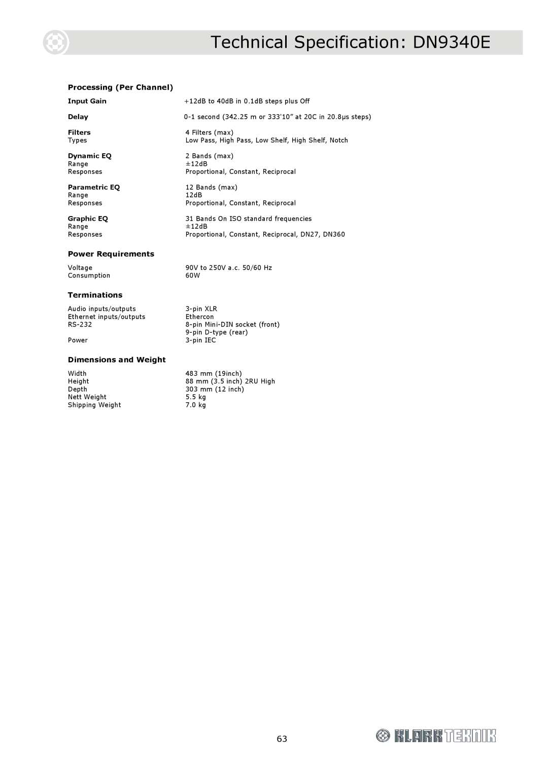 Klark Teknik DN9344E, DN9340E specifications Power Requirements 