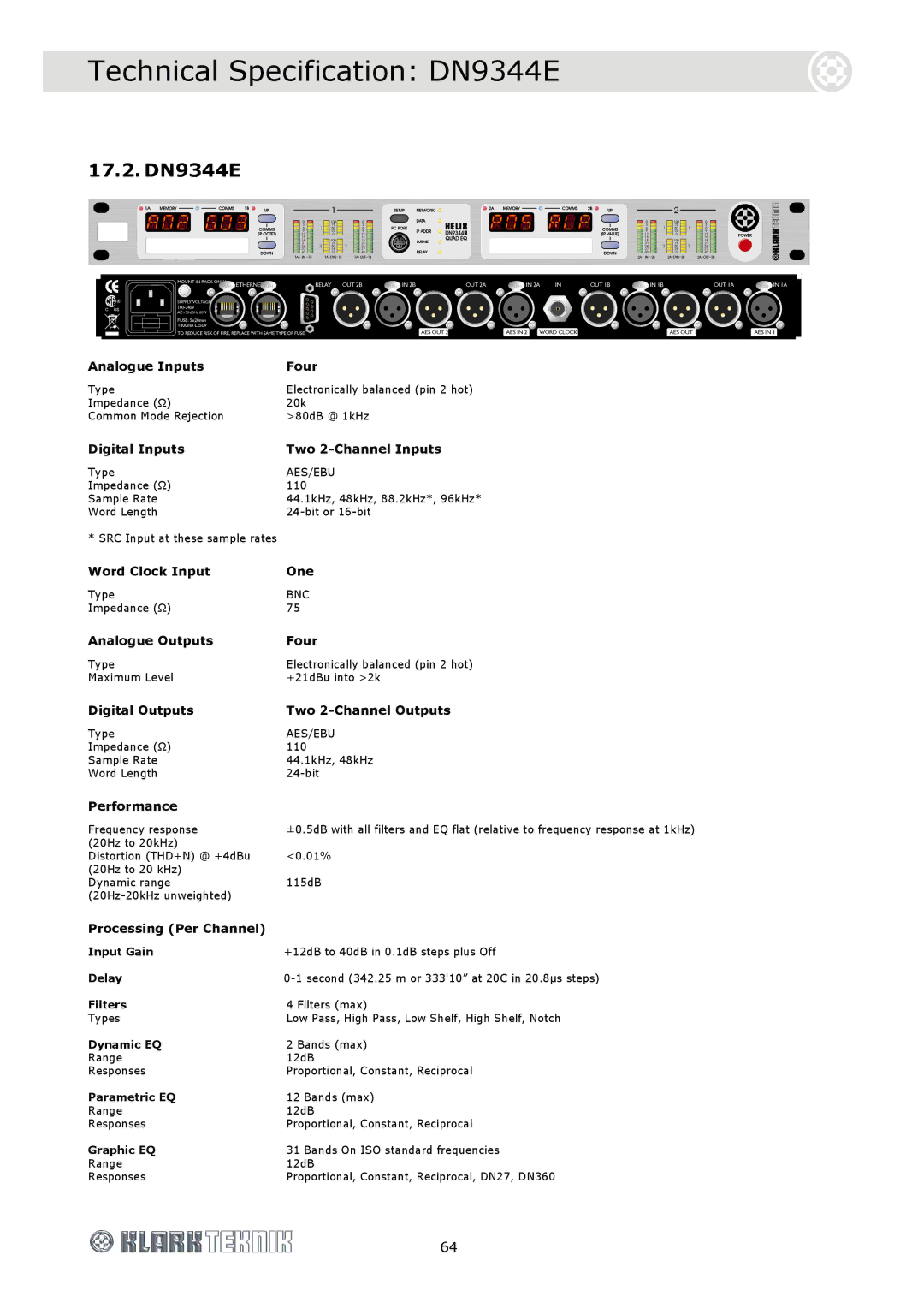 Klark Teknik DN9340E specifications Technical Specification DN9344E, 17.2. DN9344E 