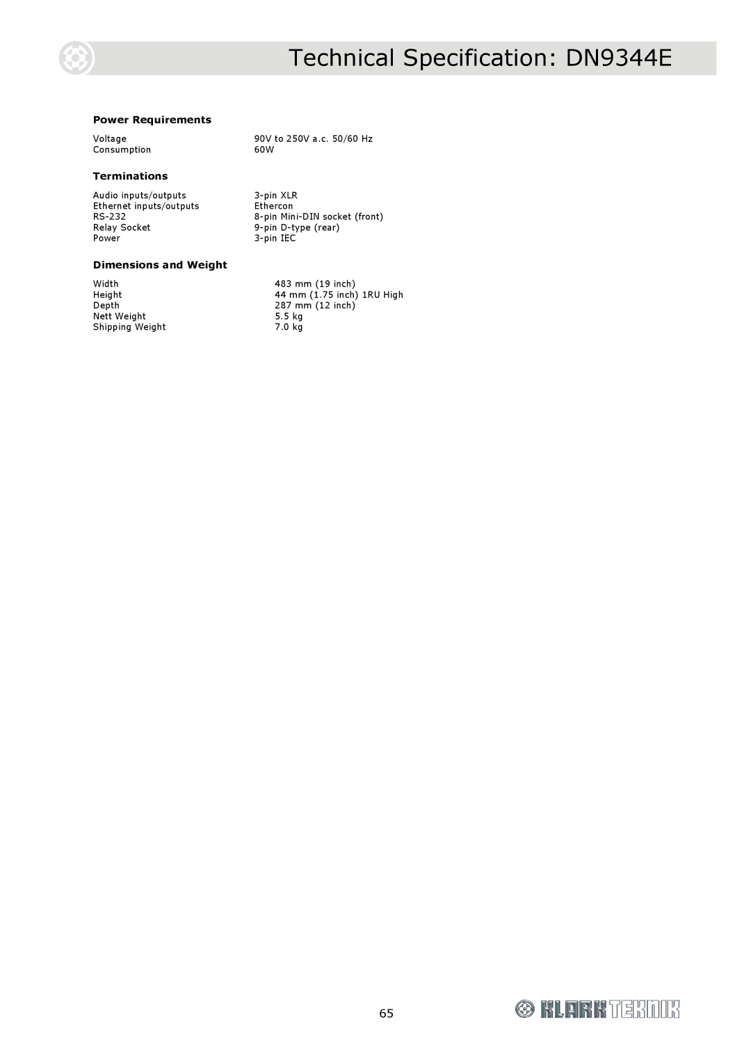 Klark Teknik DN9344E, DN9340E specifications Relay Socket Pin D-type rear Power Pin IEC 