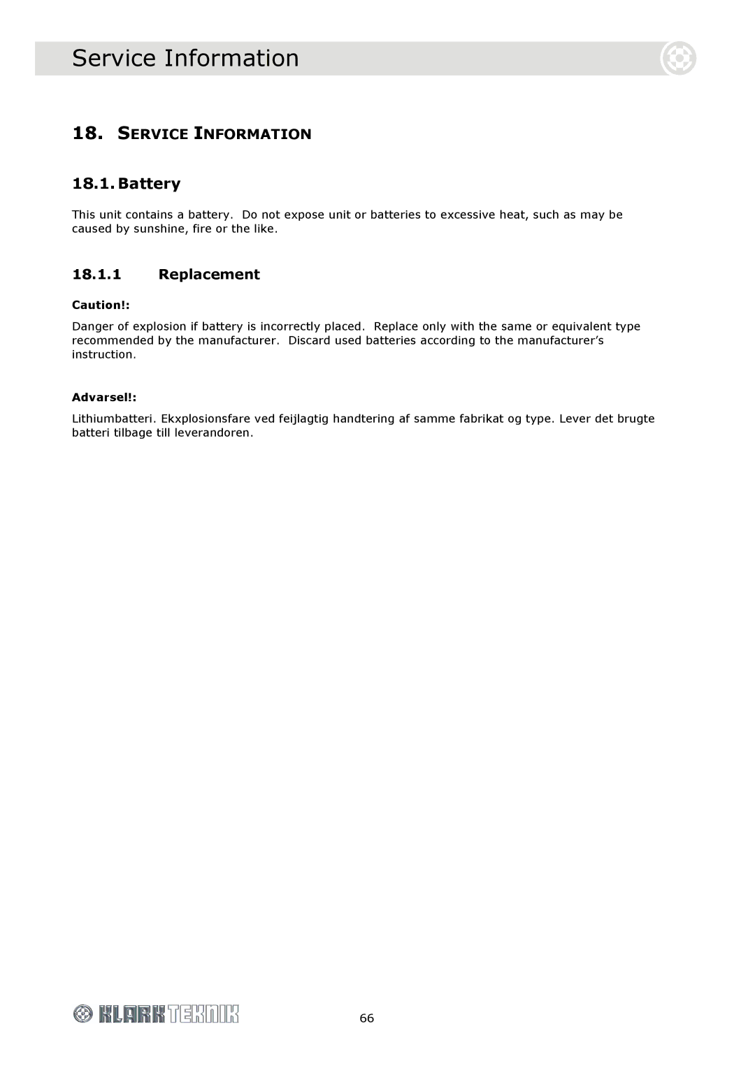 Klark Teknik DN9340E, DN9344E specifications Service Information, Battery, Replacement 