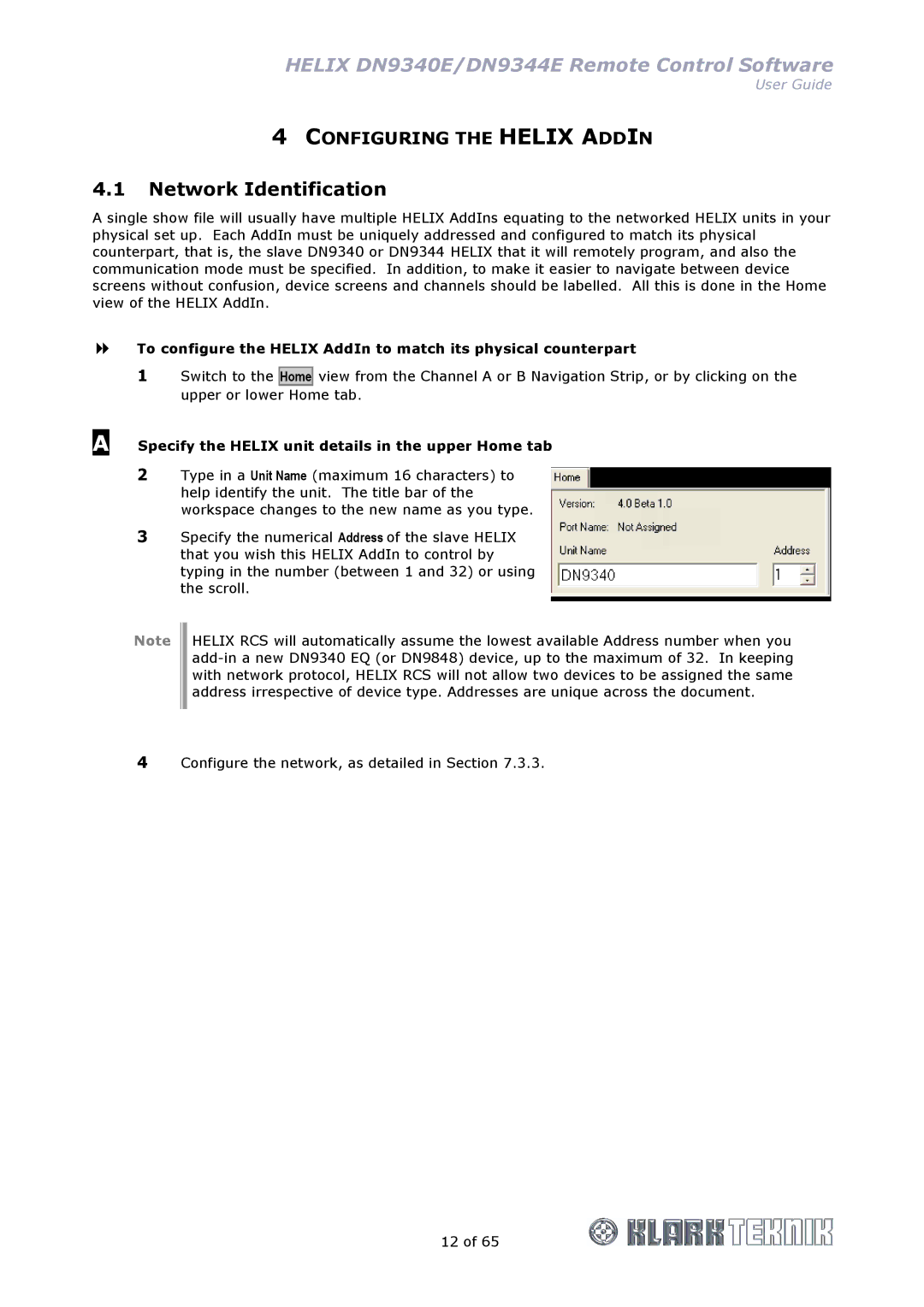 Klark Teknik DN9340E, DN9344E manual Network Identification, Specify the Helix unit details in the upper Home tab 