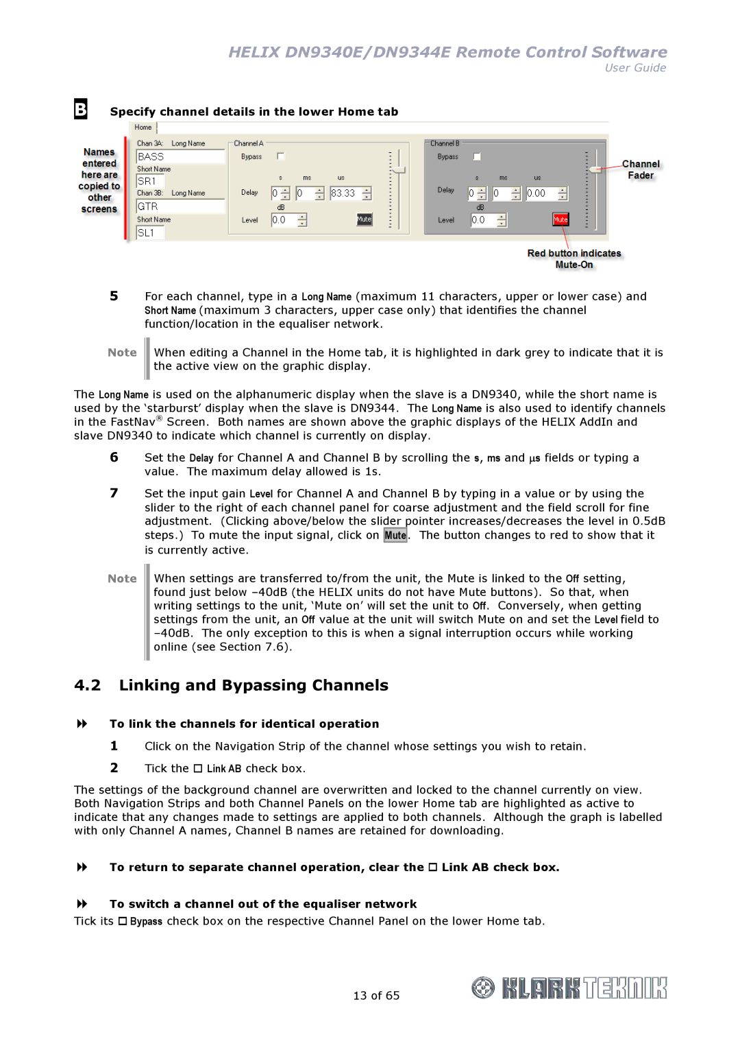 Klark Teknik DN9344E, DN9340E manual Linking and Bypassing Channels, Specify channel details in the lower Home tab 