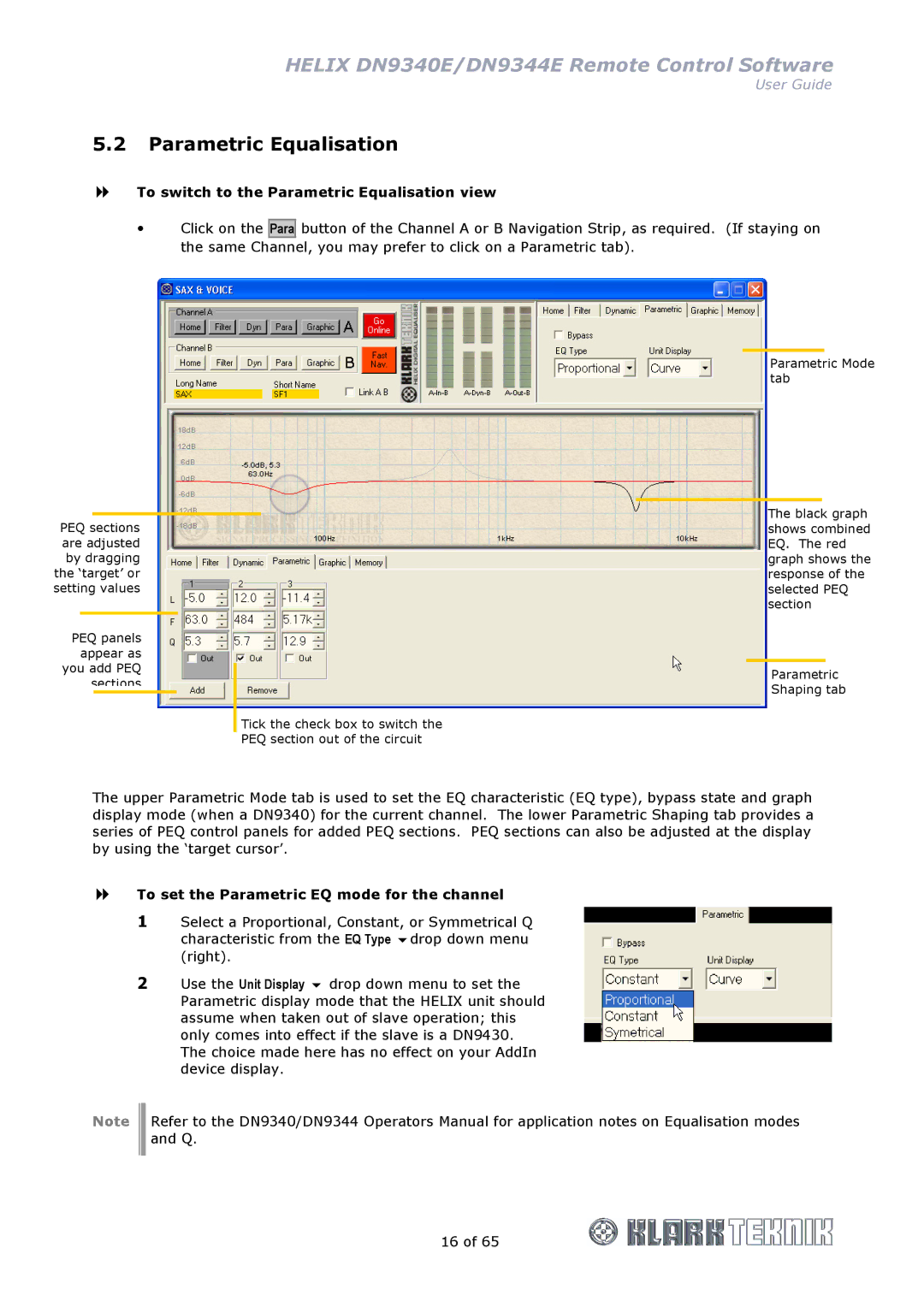 Klark Teknik DN9340E To switch to the Parametric Equalisation view, To set the Parametric EQ mode for the channel 