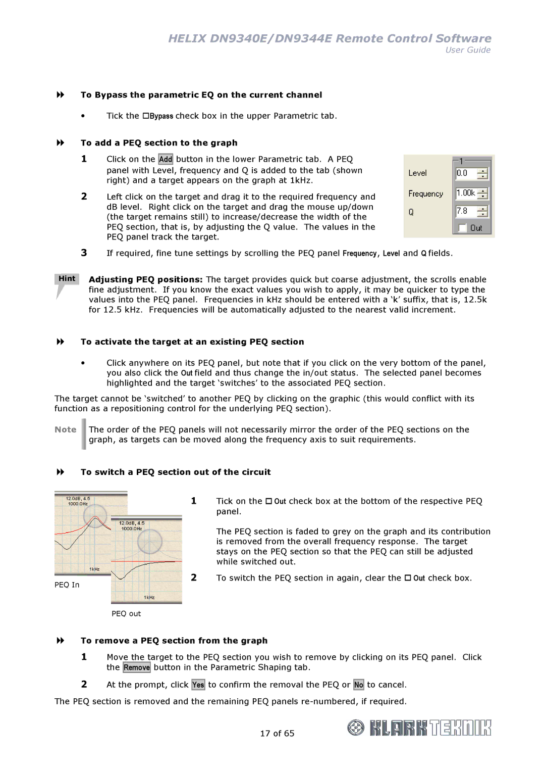 Klark Teknik DN9344E, DN9340E manual To Bypass the parametric EQ on the current channel, To add a PEQ section to the graph 