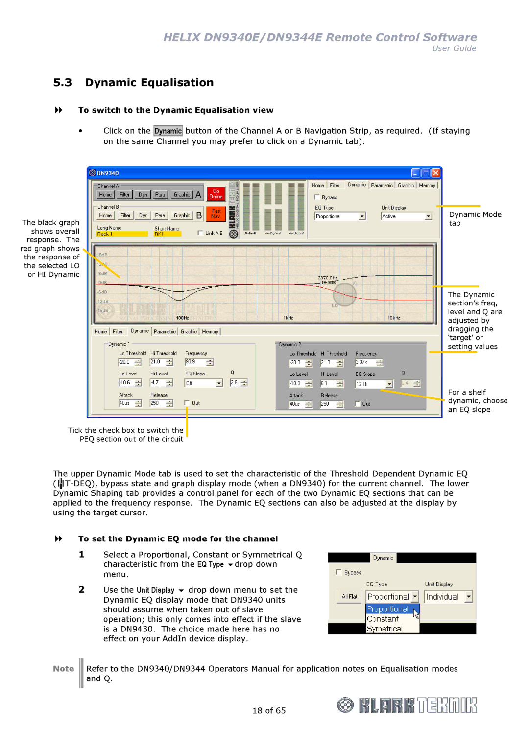 Klark Teknik DN9340E, DN9344E To switch to the Dynamic Equalisation view, To set the Dynamic EQ mode for the channel 