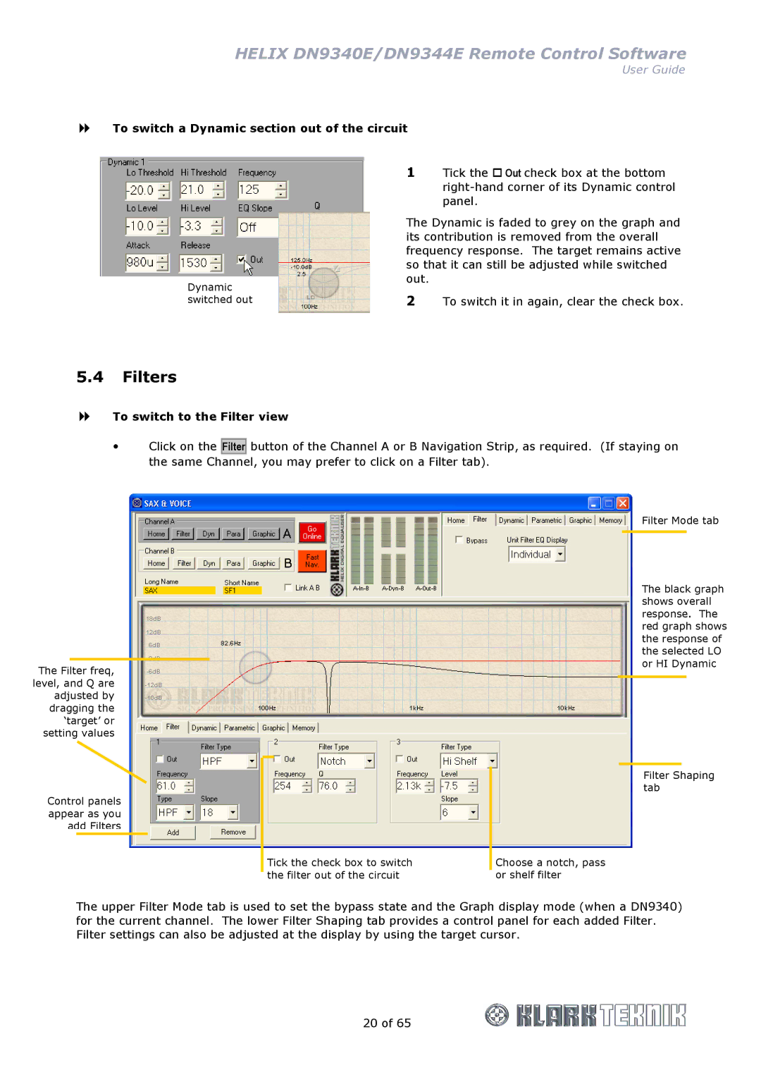 Klark Teknik DN9340E, DN9344E manual Filters, To switch a Dynamic section out of the circuit, To switch to the Filter view 