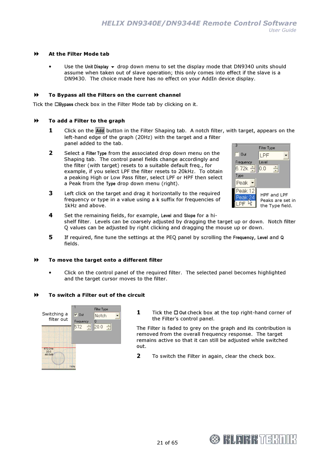 Klark Teknik DN9344E, DN9340E manual At the Filter Mode tab, To Bypass all the Filters on the current channel 