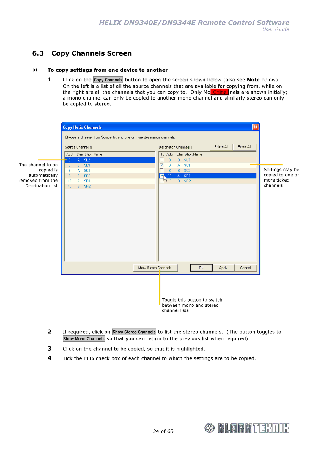 Klark Teknik DN9340E, DN9344E manual Copy Channels Screen, To copy settings from one device to another 