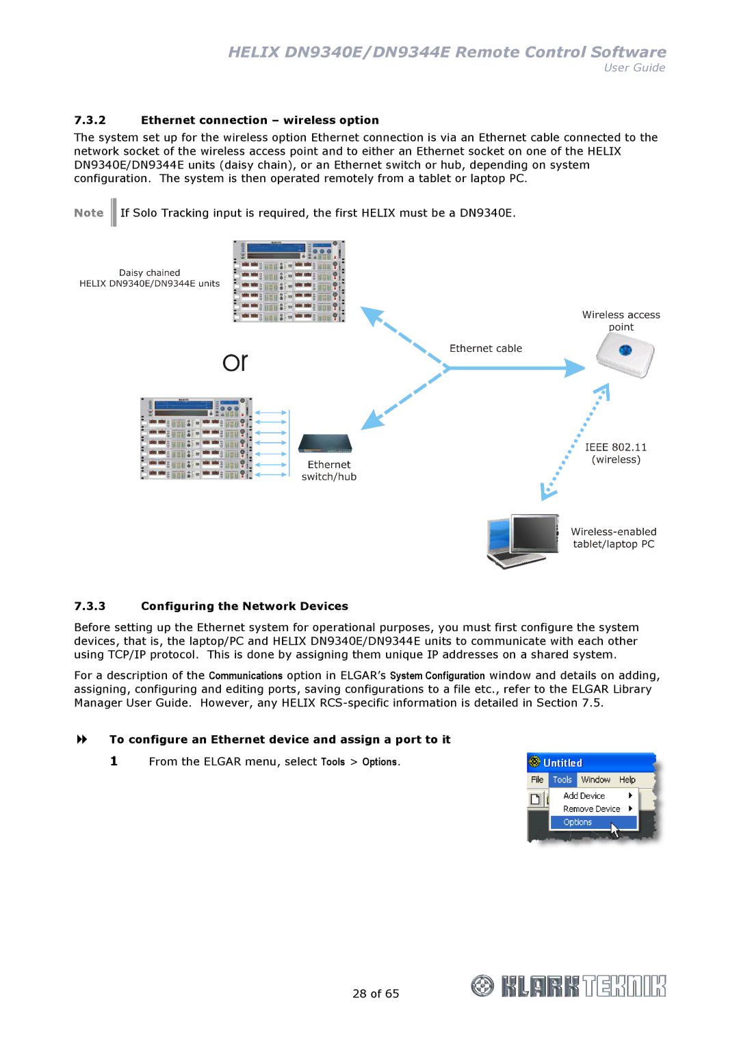 Klark Teknik DN9340E, DN9344E manual Ethernet connection wireless option, Configuring the Network Devices 