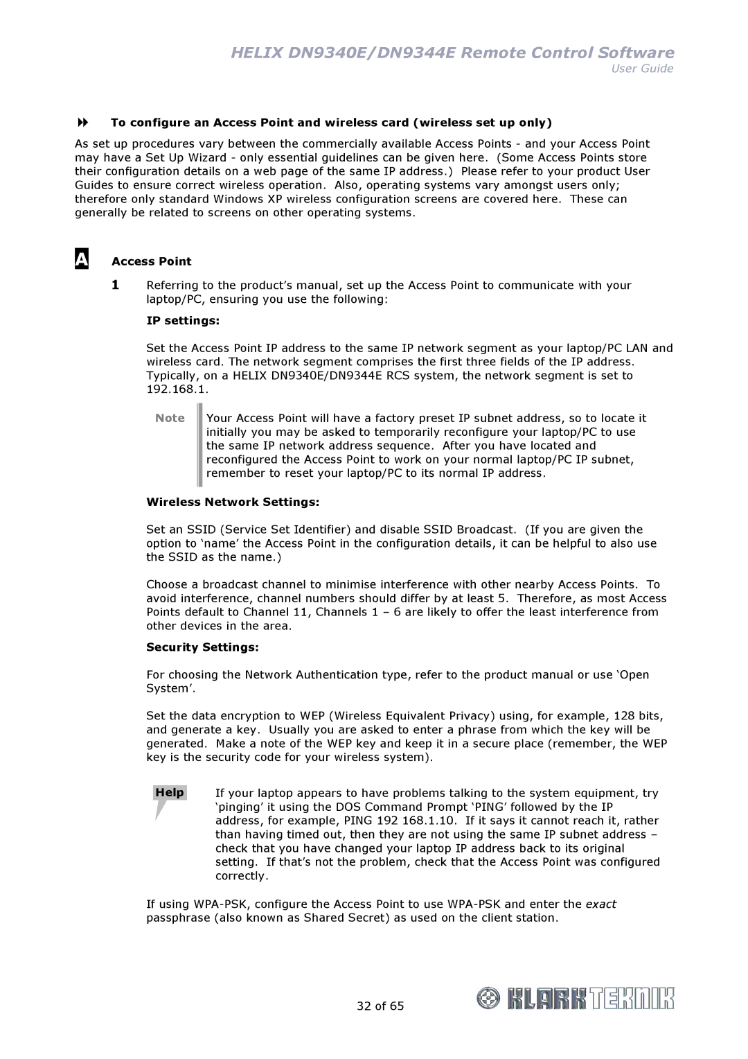 Klark Teknik DN9340E, DN9344E manual Access Point, IP settings, Wireless Network Settings, Security Settings 